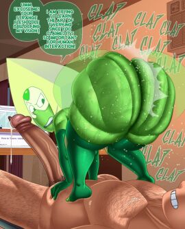 1boy 1girls ass ass_clapping balls big_ass big_penis body_hair bottom_heavy bubble_ass bubble_butt clapping_cheeks clueless dark_crack dialogue doompypomp earth_customs fat_ass female gem_(species) green_skin huge_ass huge_cock human innocent large_ass leaking_precum male massive_ass naive nude nude_female nude_male oblivious penis penis_in_face peridot_(steven_universe) rippling_ass sexually_ignorant shortstack smile steven_universe sweat sweatdrop sweaty_ass sweaty_body text thick_ass thick_thighs tricked tricked_into_blowjob tricked_into_exposure tricked_into_sex twerking visor
