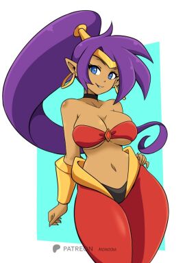 ass big_ass big_breasts big_butt big_thighs big_titties breasts brown_hair brown_skin clothing curvaceous curvaceous_female curvaceous_figure curvy curvy_figure curvy_hips female female_focus female_only long_hair looking_at_viewer momocka_art purple_hair shantae shantae_(character) solo wayforward
