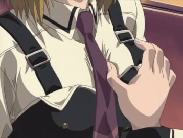 00s 2002 2girls animated bible_black bible_black_gaiden big_breasts blonde_hair breasts classroom female grabbing_another's_breast groping kitami_reika kozono_nami large_breasts lowres multiple_females multiple_girls necktie school school_uniform short_hair sunset tagme window yuri