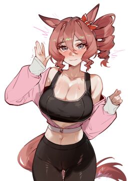 animal_ears baobao771100 black_pants blush bow breasts brown_hair cleavage closed_mouth collarbone commentary crop_top drill_hair ear_bow female grey_eyes hair_between_eyes hand_up highres horse_ears horse_girl horse_tail jacket large_breasts looking_at_viewer norn_ace_(umamusume) pants pink_jacket pussy pussy_juice red_bow short_hair side_ponytail simple_background smile solo sweat symbol-only_commentary tail umamusume umamusume:_cinderella_gray white_background yoga_pants