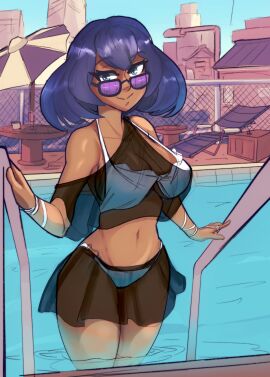 1girls alternate_costume bikini blysill collarbone dark-skinned_female dark_skin drawfag drawthread_request female game_freak looking_at_viewer looking_over_eyewear looking_over_sunglasses navel nintendo outdoors pokemon pokemon_sm pool pool_ladder purple-tinted_eyewear purple_hair sina_(pokemon) smile solo sunglasses tinted_eyewear white_bikini