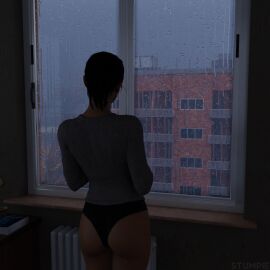 1girls 3d artistic_nude artistic_nudity asian asian_female atmospheric back_view blue_eyes blue_eyes_female brown_hair brown_hair_female chell cozy dark_room female intimate intimate_atmosphere looking_out_window looking_outside medium_ass nude_female pale-skinned_female pale_skin panties ponytail ponytail_female portal_(series) portal_2 rain raining rainy rainy_background relaxation relaxed relaxed_pose relaxing solo solo_female solo_focus stumpie sweater viewed_from_behind wholesome window