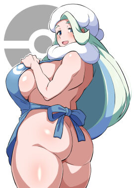 1girls :d apron apron_only ass back_view big_ass big_breasts blue_eyes blue_hair blush breasts female female_only fur_hat green_hair hair_over_one_eye hands_over_breasts human light-skinned_female light_skin mantan melony_(pokemon) naked_apron nintendo older_female poke_ball_symbol pokemon pokemon_ss scarf simple_background standing thick_eyebrows thick_thighs thighs two-tone_hair white_background