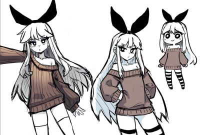 2025 2d arisu_liddell arisu_liddell_(creator) artist_request brown_clothing chibi clothed clothing digital_media_(artwork) female hands_on_hips long_hair looking_at_viewer no_panties oc original original_character solo solo_female sweater sweater_only trenchcoat white_background white_hair