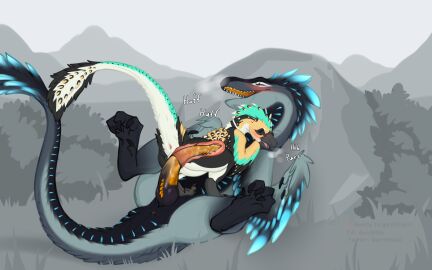 absurd_res animal_genitalia anus ass black_claws black_knot black_pussy claws dinosaur dromaeosaurid duo female feral frexton fur genital_slit genitals gorchitsa_(artist) grass grey_body grey_fur grey_scales hi_res internal internal_vaginal knot male male/female mountain orange_penis penetration penis pink_anus plant pussy reptile scales scalie snout teeth theropod vaginal_penetration velociraptor