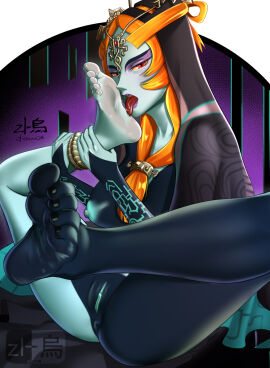 anklet ass ass_focus ass_grab ass_spread background black_skin blush curling_toes dark_skin feet female female_human female_only foot_fetish foot_focus green_skin grin hair_ornament laying_down licking_foot logo long_hair looking_at_viewer midna nail_polish nintendo orange_hair ornament pinched_toes pussy pussy_lips red_hair scrunched_toes self_worship smile smiling_at_viewer soles tattoo the_legend_of_zelda thick_thighs thighs toenail_polish toes twili_midna twilight_princess zl-crow_red zlcrowred