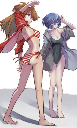 2girls ass asuka_langley_sohryu bikini blue_eyes blue_hair breast_size_difference breasts brown_hair cleavage closed_mouth female hair_between_eyes highres human jacket legs light-skinned_female light_skin long_hair medium_breasts multiple_females multiple_girls neon_genesis_evangelion one-piece_swimsuit open_clothes open_jacket orange_hair pale-skinned_female pale_skin red_eyes rei_ayanami short_hair simple_background smile string_bikini striped_bikini striped_clothes swimsuit thighs white_background yagisawa_teru