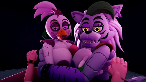 3d 3d_(artwork) breasts collaborative_paizuri double_paizuri dreams five_nights_at_freddy's five_nights_at_freddy's:_security_breach glamrock_chica_(fnaf) gregory_(fnaf) hands_up huge_breasts looking_down paizuri roxanne_wolf_(fnaf) seductive seductive_look straight titjob