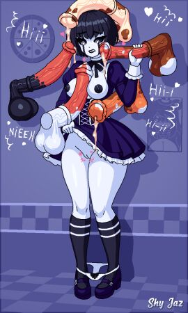 1girls 5boys animatronic animatronic_female animatronic_girl black_hair black_lipstick black_nipples black_sclera black_stockings breasts cum dress female five_nights_at_freddy's floating_penis footwear_fetish handjob heart_symbol horse horsecock lipstick male marionette_(fnaf) multiple_boys multiple_males paizuri panties panties_down penis penis_on_head pixel_art precum puppet_(fnaf) purple_dress purple_shoes shoes shy_jaz simple_background skirt_lift standing stockings straight surrounded_by_penises text titjob white_body white_eyes white_panties white_skin zoophilia