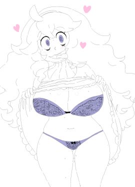 2010s 2016 big_breasts blush blushing_at_viewer bow_panties breasts cassettedream chubby_female dream-cassette dress_lift female floral_print frilled_dress game_freak hair_ornament hearts_around_head hex_maniac hoshime lacy_bra lacy_panties lingerie long_hair looking_at_viewer minimal_color pokemon pokemon_xy presenting purple_eyes purple_lingerie solo sticking_tongue_out thick_thighs thong