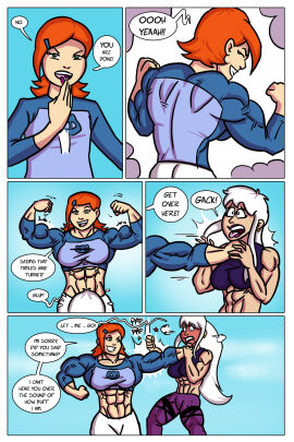 2girls abs ben_10 biceps breasts charmcaster comic comic_page english_text extreme_muscles female female_only growth gwen_tennyson hair human hyper_muscles long_hair multiple_females multiple_girls muscle_growth muscles muscular muscular_arms muscular_female muscular_legs muscular_thighs orange_hair ritualist_(artist) text white_hair