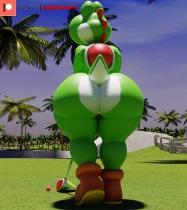 1boy 3d anthro ass ass_focus balls big_ass big_butt blender_(artwork) boots boots_only butt_focus camseven clothing digital_media_(artwork) fat_ass footwear footwear_only genitals golf_ball golf_club green_body green_yoshi hi_res huge_ass huge_butt male male_only mario_(series) mostly_nude multicolored_body nintendo nude palm_tree patreon plant rear_view shell shoes short_tail solo tail thick_thighs tree two-tone_body white_body wide_hips yoshi