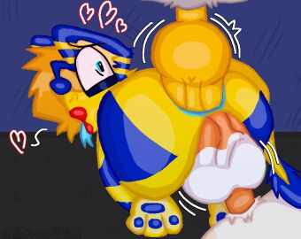 anal_sex antennae blue_eyes blue_fur claw_marks double_penetration female female_focus female_penetrated fur grey_fur honeycomb_(zoyeensadart) male orange_penis penis pussy red_lipstick tongue tongue_out vaginal_penetration white_fur yellow_fur yellow_hair yellow_penis zoyeensadart