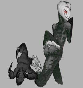 anthro ass beak black_limbs blush feathers feet foot_fetish furry grey_body helluva_boss owl red_eyes smile white_face
