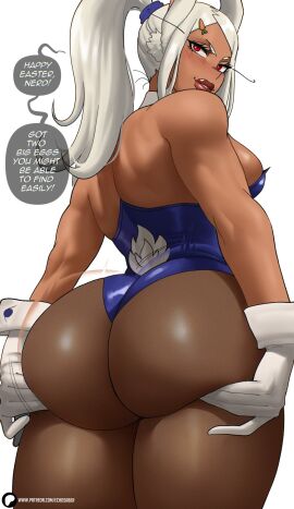 1girls ass ass_focus big_ass blue_bunnysuit breasts bunny_costume bunny_ears bunny_girl bunny_tail bunnysuit dark-skinned_female dark_skin echosaber english english_text fat_ass fat_breasts female grabbing_ass grabbing_own_ass kemonomimi large_breasts long_hair looking_at_viewer looking_back mirko miruko my_hero_academia ponytail rabbit_ears rabbit_girl rabbit_tail red_eyes rumi_usagiyama sideboob solo solo_female talking_to_viewer thick thick_ass thick_lips viewed_from_behind white_hair