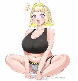 1girls 2025 ahoge alternate_hair_length alternate_hairstyle bbw belly blonde_hair blush breasts chestnut_mouth cleavage clothed colored_inner_hair conto crying_with_eyes_open cute_fang elegg_(nikke) female goddess_of_victory:_nikke hair_intakes huge_breasts large_breasts navel no_bangs open_mouth pout purple_eyes short_hair short_shorts sitting skindentation socks solo tears thigh_strap unhappy_female