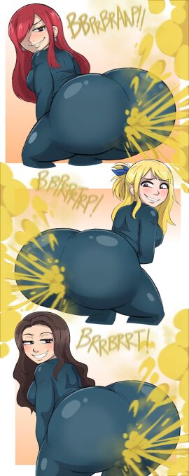 3girls bodysuit bubble_butt cana_alberona erza_scarlet fairy_tail fart female female_focus female_only jiggle_butt_gang latex lucy_heartfilia tagme xee xeenitsu zeeny