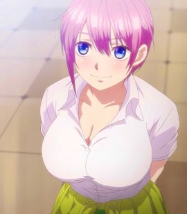 blue_eyes blush breasts busty busty_female female go-toubun_no_hanayome nakano_ichika pink_hair white_shirt