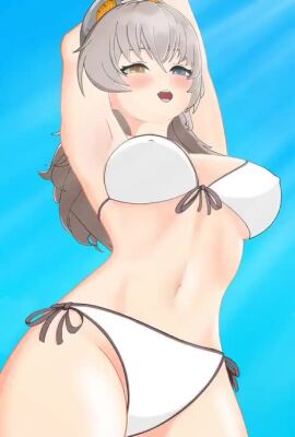 ai_animated ai_animation blue_eye blue_sky brown_hair cat_ears cat_girl catgirl dancing girls'_frontline girls'_frontline_2:_exilium grok hands_behind_head happy heterochromia long_hair nipples_visible_through_clothing peritya_(girls'_frontline_2) swimsuit tagme tardan07 video video_game_character white_swimsuit yellow_eye
