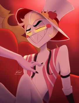 blurry_background demon female glowing_eyes hazbin_hotel lilith_morningstar_(hazbin_hotel) lucifer_morningstar_(hazbin_hotel) milf mother pointy_teeth succubus vivziepop yellow_eyes