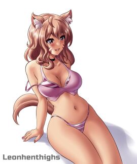 1girls animal_ears artist_name bikini blonde_hair blush bra breasts brown_eyes brown_hair cat_ears cat_girl cat_tail catgirl choker cleavage face_markings female female_only large_breasts long_hair looking_at_viewer navel panties pink_hair red_eyes sitting smile solo squchan_(vtuber) strap_slip striped striped_bikini striped_bra striped_panties swimsuit tail underwear virtual_youtuber vyugen web_address