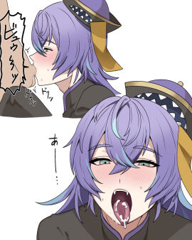 blowjob blush clothed cum cum_in_mouth hoshirube_sho japanese_text jiangshi_costume long_hair male male_only nijisanji oral purple_hair tongue tongue_out virtual_youtuber white_background yaoi