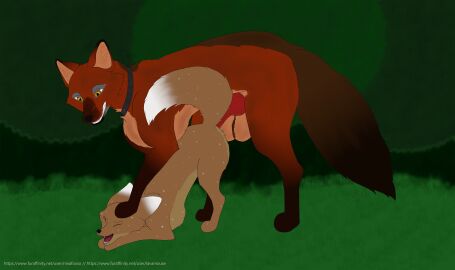 absurd_res anal animal_genitalia animal_penis ass_up balls big_balls brown_body brown_fur canid canine canine_genitalia canine_penis closed_eyes dipstick_ears dipstick_tail duo ear_markings fennec_fox feral fox fur furry genitals grin hi_res knot looking_at_another looking_pleasured male male/male mammal markings multicolored_ears ninafoxxo paws penis pinned red_(ninafoxxo) red_body red_fox red_fur sam_(lavamouse) scar smile spots story story_in_description tail tail_markings true_fox