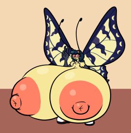 accessory antennae_(anatomy) anthro areola arthropod big_areola big_breasts big_nipples black_hair breasts butterfly clothing eyewear female footwear genitals gesture glasses hair hair_accessory hand_gesture hi_res huge_areola huge_breasts hyper hyper_breasts insect_wings insects legwear lepidopteran lepidopteran_wings multi_arm multi_limb multicolored_eyes nipples non-mammal_breasts pattern_clothing pattern_legwear pattern_stockings pink_nipples puffy_nipples pussy shoes simple_background sneakers solo sprucy stockings striped_clothing striped_legwear striped_stockings stripes two-tone_eyes v_sign wings yellow_body