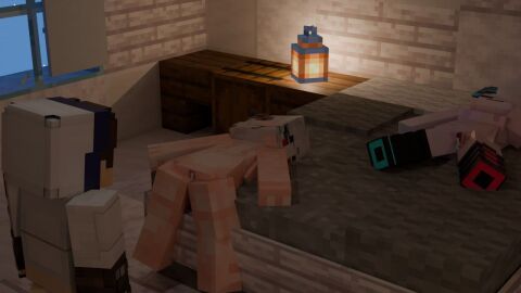 1boy 2girls 3d 3d_(artwork) artist_request bottomless bottomless_male female female_focus hoodie ketrincyst lantern leaking_cum male minecraft mineshield multicolored_hair naked naked_female neo_(mineshield) nikiwright nude nude_female on_bed red red_eyes tagme white_hair