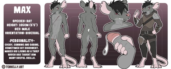 anthro balls bodily_fluids gay gay_anal gay_male gay_sex genital_fluids genitals hi_res homosexual homosexual_male humanoid_genitalia humanoid_penis male male/male male_penetrated mammal model_sheet murid murine penis precum rat rodent size_difference smaller_male smile smirk solo solo_male tenkellyart