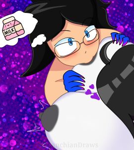 big_breasts black_hair blue_skin breasts emi_(emi5031) female glasses grabbing grabbing_breasts grey_nipples hearts_around_head hi_res highres juanchiandraws linka_(juanchiandraws) milk_carton original_character original_characters simple_background simple_shading sucking sucking_nipples white_body white_skin