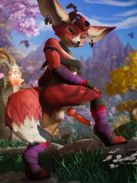 1futa 3d animal_genitalia anus anus_peek ass balls bra breasts canine_penis earrings erection fox_tail furry furry_only futa_only futanari hat intersex knot legwarmers outdoors penis penis_out_of_underwear tail testicles vixenpeeks vulpera warcraft world_of_warcraft