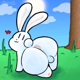 :3 anus artist_name ass backsack balls big_butt digital_media_(artwork) feral fur genitals grass heart_symbol hi_res lagomorph leporid looking_at_viewer looking_back male mammal outside paws pincoosh plant quadruped rabbit rear_view solo terraria text tree white_body white_fur