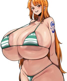 1girls bangs belly belly_button big_breasts bikini bikini_top blush breast_focus breasts breasts_bigger_than_head cameltoe cleavage clothing collarbone colored_hair curvaceous curvy_body facing_viewer female female_only giant_breasts green_bikini green_eyes hair_between_eyes hourglass_figure huge_breasts large_breasts light-skinned_female light_skin looking_at_viewer nami_(one_piece) one_piece orange_hair post-timeskip pussy seductive seductive_look solo solo_focus standing striped_bikini tattoo thick_hips thick_thighs tiger_drop top_heavy top_heavy_breasts underwear voluptuous voluptuous_female