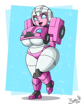 1girls 2024 2d 2d_(artwork) arcee arcee_(g1) artist_name big_breasts blue_background blue_eyes breasts busty female female_only giant_breasts hands_behind_back huge_breasts legs_together midget open_mouth pink_skin pinup robot robot_girl robot_humanoid short_stack shortstack smaller_female smile solo tfmaster96 thick_legs thick_thighs transformers transformers_g1 underboob