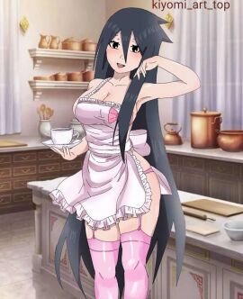 1girls apron black_eyes black_hair breasts cleavage female garter_straps kitchen large_breasts light-skinned_female light_skin looking_at_viewer naked_apron naruto naruto_(classic) naruto_(series) naruto_shippuden pink_thighhighs solo thighhighs uchiha_kiyomi