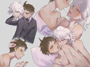 2boys after_kiss black_jacket black_necktie brown_hair collared_shirt cum cum_on_body danganronpa danganronpa_(series) danganronpa_2:_goodbye_despair eye_contact facial formal_clothes grey_eyes grey_hair highres hinata_hajime implied_sex jacket looking_at_another male male_focus messy_hair multiple_boys multiple_males nagito_komaeda necktie nightcrawler_(night_10_18) no_visible_genitalia pillow pretty_boy saliva saliva_trail shirt short_hair skinny sweat teeth tongue tongue_out upper_teeth yaoi