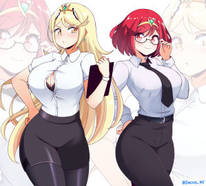 belt black_bra black_pants black_skirt blonde_hair bra bra_peek breasts button_down_shirt clipboard earrings female glasses holding_clipboard jarckius large_breasts long_hair looking_at_viewer mythra necktie nintendo office_lady pants pantyhose pencil_skirt pyra red_eyes red_hair secretary shirt shirt_tucked_in short_hair skirt suit_and_tie tiara tie white_shirt xenoblade_(series) xenoblade_chronicles_2 yellow_eyes