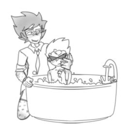 alpha_john_egbert bath bathing bathtub black-haired_male black_hair blonde-haired_male blonde_hair body_hair bro_strider clothed clothed_male dirk_strider drawingwithmyd glasses hair homestuck john_egbert male male_focus nude nude_male shades short-haired_male short_hair skinny spiky_hair sunglasses tie toony young