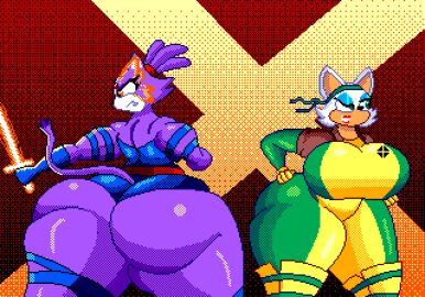 2024 2girls anthro ass bandana bat big_ass big_breasts big_butt black_nose blaze_the_cat blue_clothing blue_eyeshadow blue_leotard bodysuit bottom_heavy breasts brown_clothing brown_shirt brown_topwear clothing color cosplay domestic_cat duo eyelashes eyeshadow felid feline felis female forehead_jewel green_bandanna green_clothing green_kerchief green_suit hair hand_on_ass hand_on_butt hand_on_own_butt hi_res holding_melee_weapon holding_object holding_sword holding_weapon huge_ass huge_breasts huge_butt huge_thighs jacalope kerchief leotard lips makeup mammal marvel marvel_comics melee_weapon mobian_(species) multicolored_clothing multicolored_suit orange_eyes pixel_art psylocke_(cosplay) purple_body purple_ears purple_hair rear_view red_background red_gem red_hairband red_lips rogue_(x-men)_(cosplay) rouge_the_bat shaded shirt simple_background skinsuit smile sonic_(series) sonic_the_hedgehog_(series) suit sword tan_body tan_inner_ear thick_thighs tight_clothing tight_suit topwear weapon white_ears white_head white_inner_ear x-men yellow_clothing