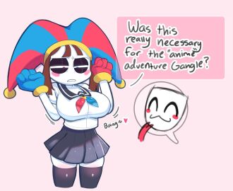 2girls clothed clothing color english_text female female_focus female_only gangle_(the_amazing_digital_circus) glitch_productions glowhorn hi_res jester jester_hat light-skinned_female light_skin pomni_(the_amazing_digital_circus) schoolgirl schoolgirl_uniform solo_female tagme text text_bubble the_amazing_digital_circus thick_thighs xddcc