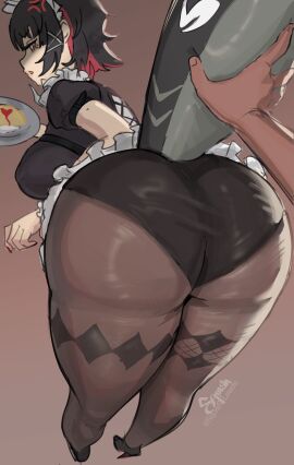 1boy 1girls absurd_res anger_vein ass ass_focus black_hair black_panties black_pantyhose black_shirt breasts brown_background dark-skinned_male dark_skin ellen_joe fat_ass female food frills from_behind grabbing grabbing_from_behind hair_ornament headdress headwear high_heels holding_object large_breasts looking_at_viewer looking_back maid maid_headdress male medium_hair panties plate pov pov_hands red_hair shark_girl shark_tail simple_background solo_focus squishlewds tail tail_grab two-tone_hair underwear victoria_housekeeping zenless_zone_zero