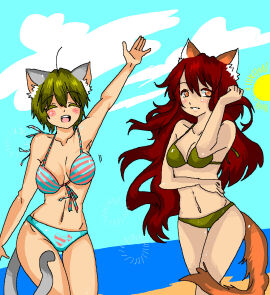 2girls bare_shoulders beach beach_background bikini bikini_bottom bikini_top blue_bikini blush blushing breasts cat_ears cat_girl catgirl cleavage clouds collarbone fang fanime female green_bikini green_hair grey_tail happy joyful joyous kirahatesyou koneko-chan long_hair motion_lines navel nyan_neko_sugar_girls n~nsg orange_ears orange_eyes orange_fur orange_tail raku-chan red_bikini red_eyes red_hair rosy_cheeks short_hair striped_bikini sun swimwear tail tucking_hair_back waving wholesome