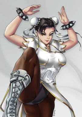 1girls alternate_version asian asian_female bangs black_hair boots bracelet brown_eyes capcom chun-li double_bun female hands_above_head kicking light-skinned_female light_skin muscular muscular_thighs pantyhose spiked_bracelet street_fighter thighs thotlerrr tights treartz white_outfit