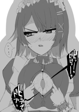 1girls absurd_res annoyed black_and_white blush boob_window boobjob breasts cleavage cum_between_breasts detached_cuffs disembodied_penis ejaculation_between_breasts ellen_joe female frown hair_ornament highres looking_away maid maid_headdress male mole mole_under_eye paizuri penis pov shadow short_hair solo titjob upper_body victoria_housekeeping zenless_zone_zero
