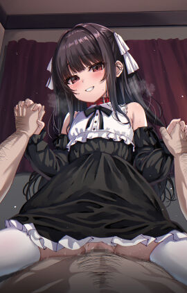 1boy absurdres animal_collar assertive_female belt_collar black_dress black_hair blush brown_eyes censored clothed_sex collar cowgirl_position detached_sleeves dress female grin hair_ribbon highres holding_hands kamita long_hair looking_at_viewer male mosaic_censoring no_panties open_mouth original penis pov pussy red_collar ribbon sex smile solo_focus spread_legs straddling straight sweat thighhighs two-tone_dress two_side_up vaginal_penetration white_dress white_thighhighs