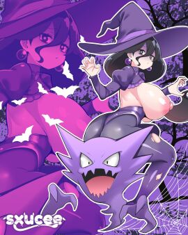 1girls ass big_breasts black_hair blush breasts dark_hair eyebrows female female_only game_freak hair_ornament haunter hex_maniac hex_maniac_(z-a) huge_breasts long_hair nervous nintendo occult_maniac occult_maniac_(z-a) pantyhose pokemon pokemon_xy purple_background purple_eyes purple_theme simple_background sxucee witch_costume witch_hat