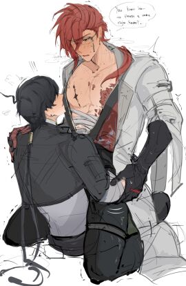 black_hair blush blushing english english_text exposed_chest gay ggguoee glasses male male/male male_only male_rover_(wuthering_waves) mortefi_(wuthering_waves) red_hair rover_(wuthering_waves) sitting_on_lap twitching wuthering_waves yaoi