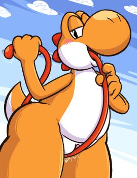 absurd_res ambiguous_fluids andromorph anthro aroused ass autocunnilingus belly blush bodily clitoris cloud digital_media_(artwork) dinosaur female genitals half-closed_eyes heart_symbol hi_res intersex junkbag licking long_tongue mario_bros masturbation multicolored_body narrowed_eyes nintendo nude open_mouth oral oral_masturbation orange_body prehistoric prehistoric_species pussy_floss reptile scalie seductive sky solo symbol tail third-party_edit tongue tongue_out two_tone_body vaginal_masturbation vaginal_penetration vulva white_belly yoshi