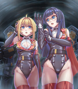 2girls blonde_hair blue_eyes chest_window cleavage dark_hair female glasses grey_clothing honkai:_star_rail honkai_(series) ipc_grunt_(honkai:_star_rail) ipc_outfit leebigtree leotard long_hair lynx_(honkai:_star_rail) lynx_landau pela_(honkai:_star_rail) pelageya_sergeyevna thighs uniform